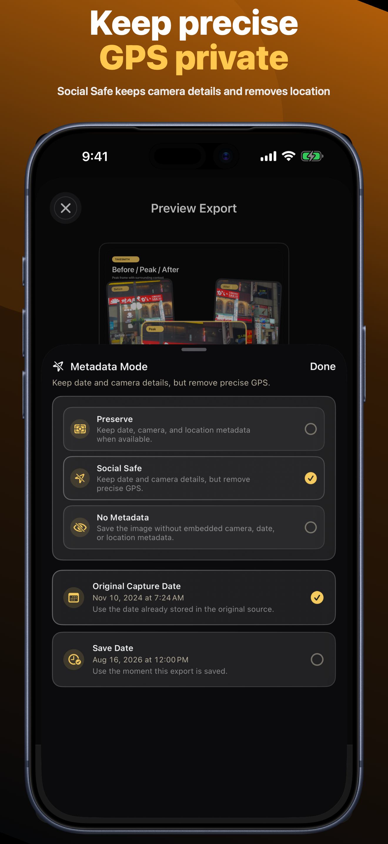 TakeSmith metadata controls for Preserve, Social Safe, and No Metadata.